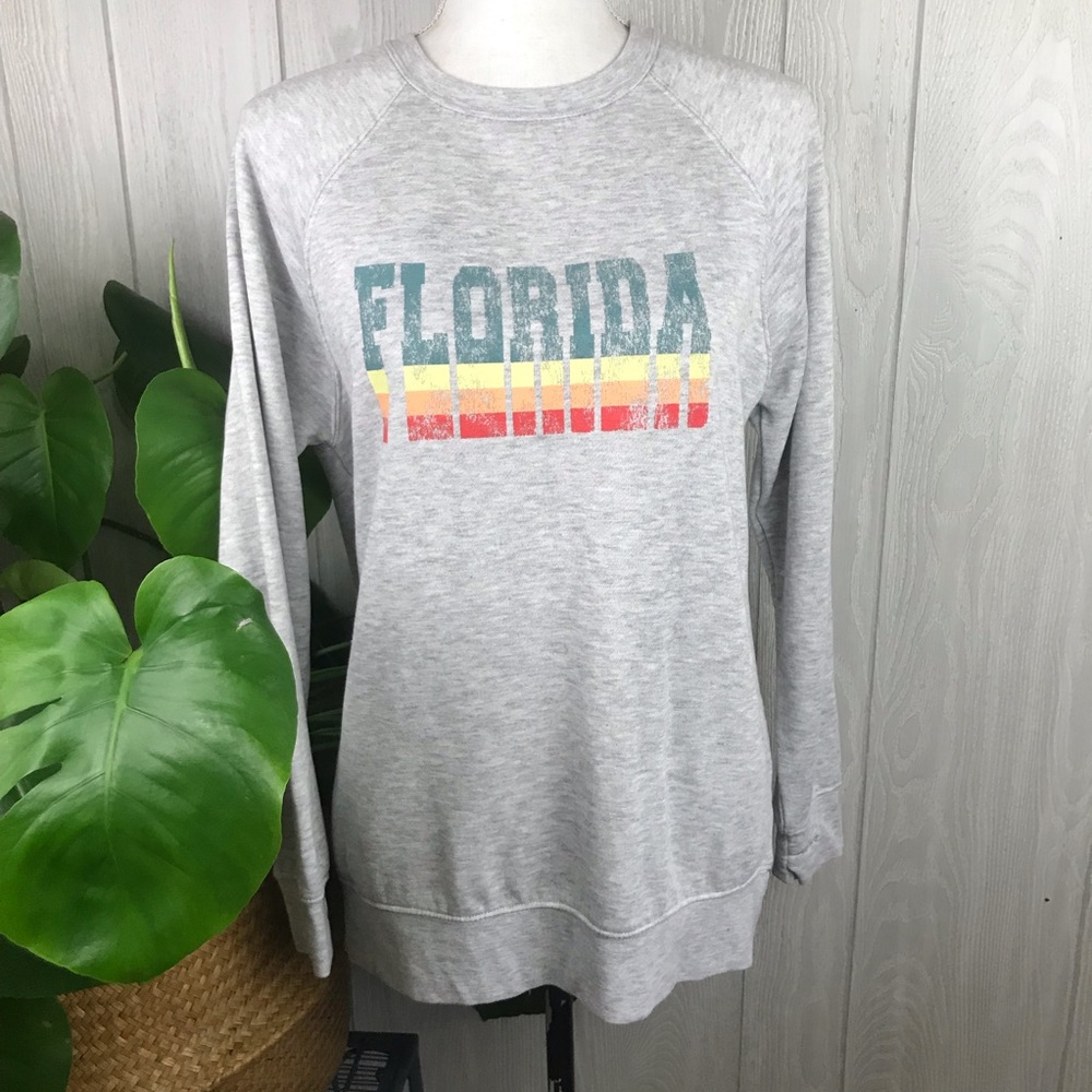 State Of Mine Florida gray sweatshirt with thumb holes distressed print